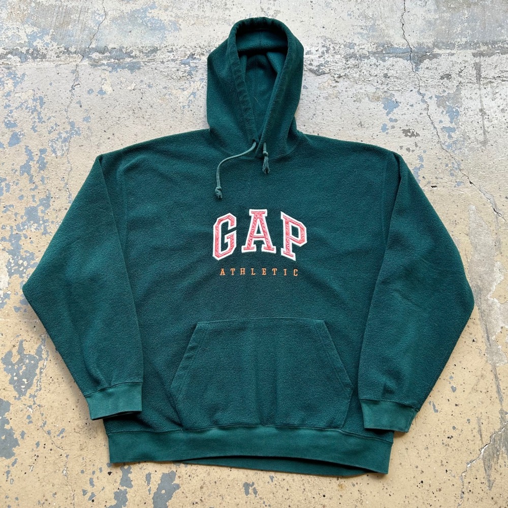 Vintage 90s Gap Athletic Pro Fleece Hoodie Forest Green XL Embroidered Spellout